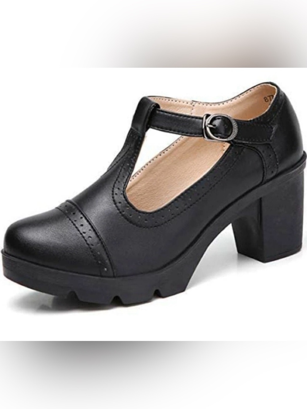 Women's Black T-Strap Block Heel Pumps